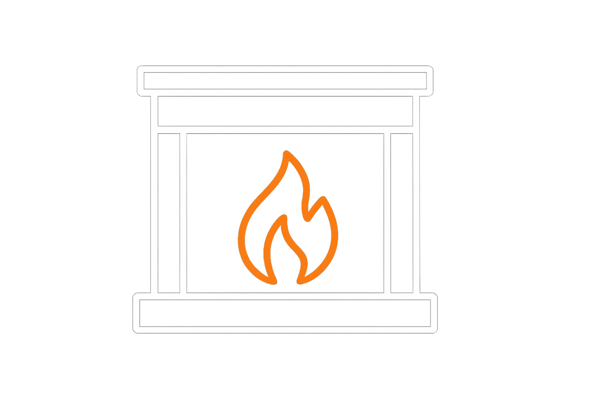 Generate me a backgroundless icon of a fireplace with white lines as the color of choice and the fire in orange.