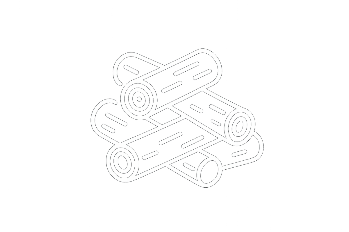 Generate me an icon of logs placed on top of each other randomly for a fire, make them in white lines as the color of choice.